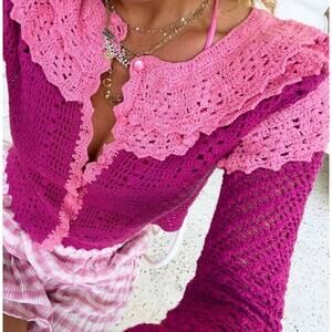 LoveShackFancy Seraphine Crochet Button Ruffle Cardigan Sweater Raspberry XS